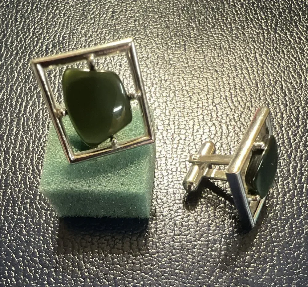 Men's Square Silver-Tone Cufflinks Pair Green Cabochon Stone Bullet Back